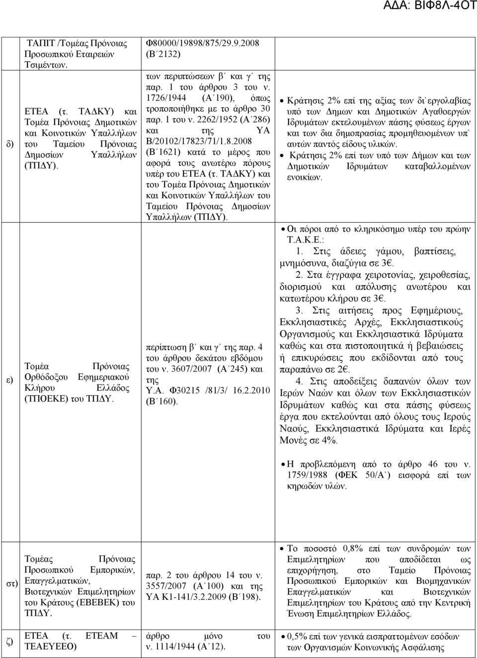 1726/1944 (Α 190), όπως τροποποιήθηκε με το άρθρο 30 παρ. 1 του ν. 2262/1952 (Α 286) και της ΥΑ Β/20102/17823/71/1.8.2008 (Β 1621) κατά το μέρος που αφορά τους ανωτέρω πόρους υπέρ του ΕΤΕΑ (τ.