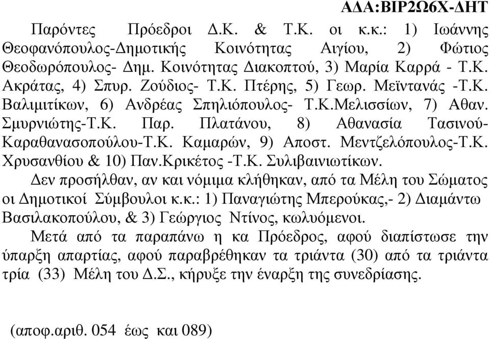 Κρικέτος -Τ.Κ. Συλιβαινιωτίκων. εν προσήλθαν, αν και νόµιµα κλήθηκαν, από τα Μέλη του Σώµατος οι ηµοτικοί Σύµβουλοι κ.κ.: 1) Παναγιώτης Μπερούκας,- 2) ιαµάντω Βασιλακοπούλου, & 3) Γεώργιος Ντίνος, κωλυόµενοι.
