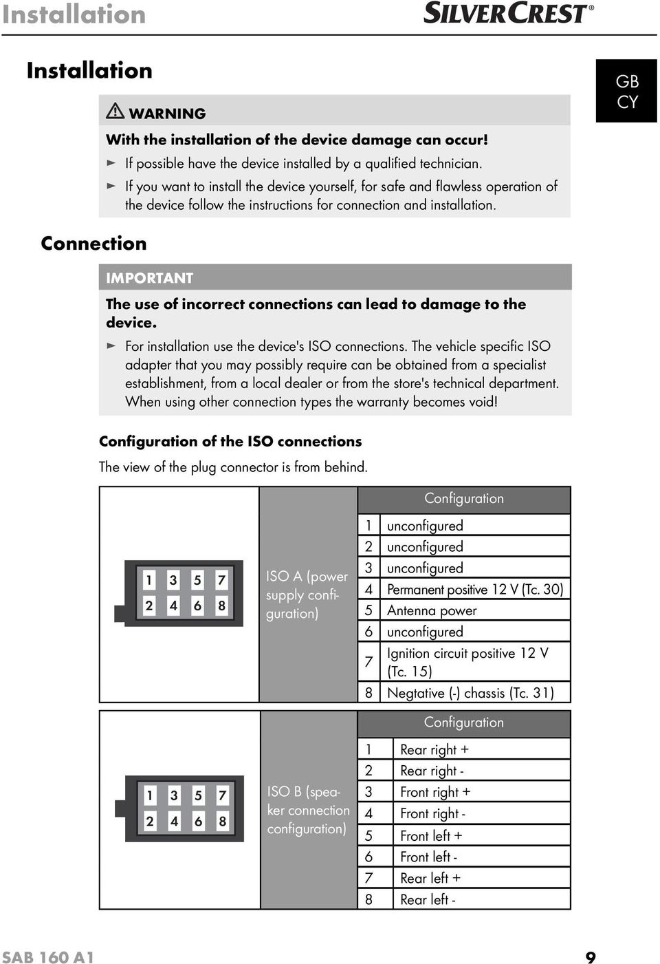 GB Connection IMPORTANT The use of incorrect connections can lead to damage to the device. For installation use the device's ISO connections.