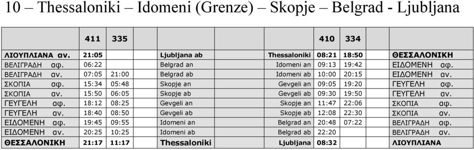 15:34 05:48 Skopje an Gevgeli an 09:05 19:20 ΓΕΥΓΕΛΗ αφ. ΣΚΟΠΙΑ αν. 15:50 06:05 Skopje ab Gevgeli ab 09:30 19:50 ΓΕΥΓΕΛΗ αν. ΓΕΥΓΕΛΗ αφ. 18:12 08:25 Gevgeli an Skopje an 11:47 22:06 ΣΚΟΠΙΑ αφ.