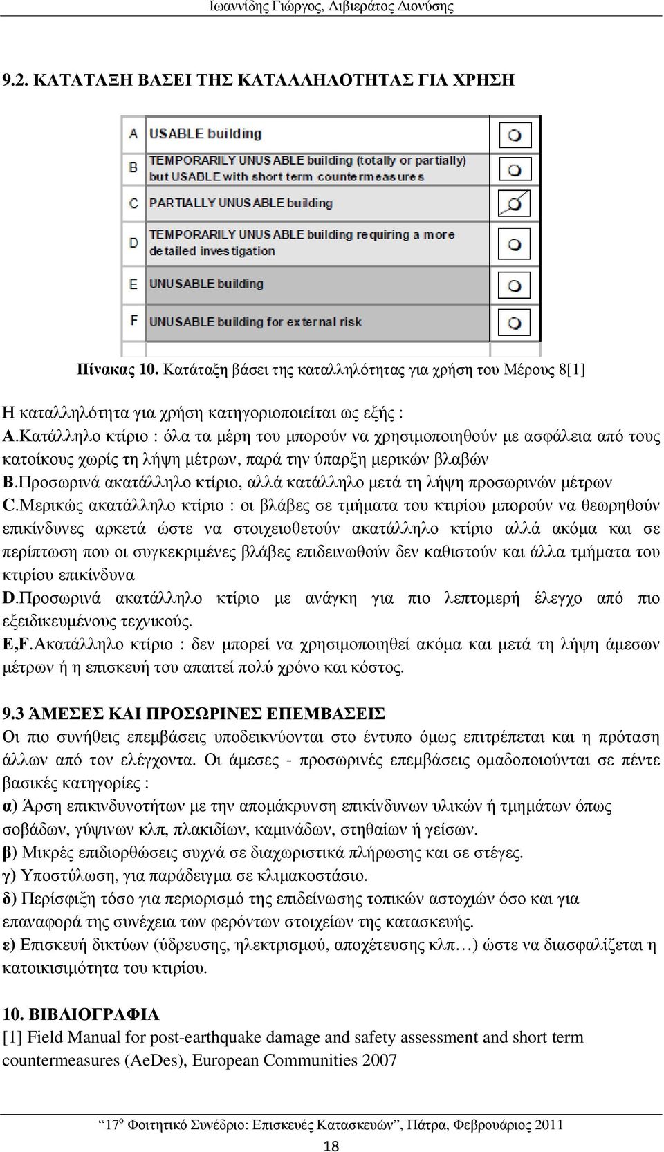 Κατάλληλο κτίριο : όλα τα µέρη του µπορούν να χρησιµοποιηθούν µε ασφάλεια από τους κατοίκους χωρίς τη λήψη µέτρων, παρά την ύπαρξη µερικών βλαβών Β.