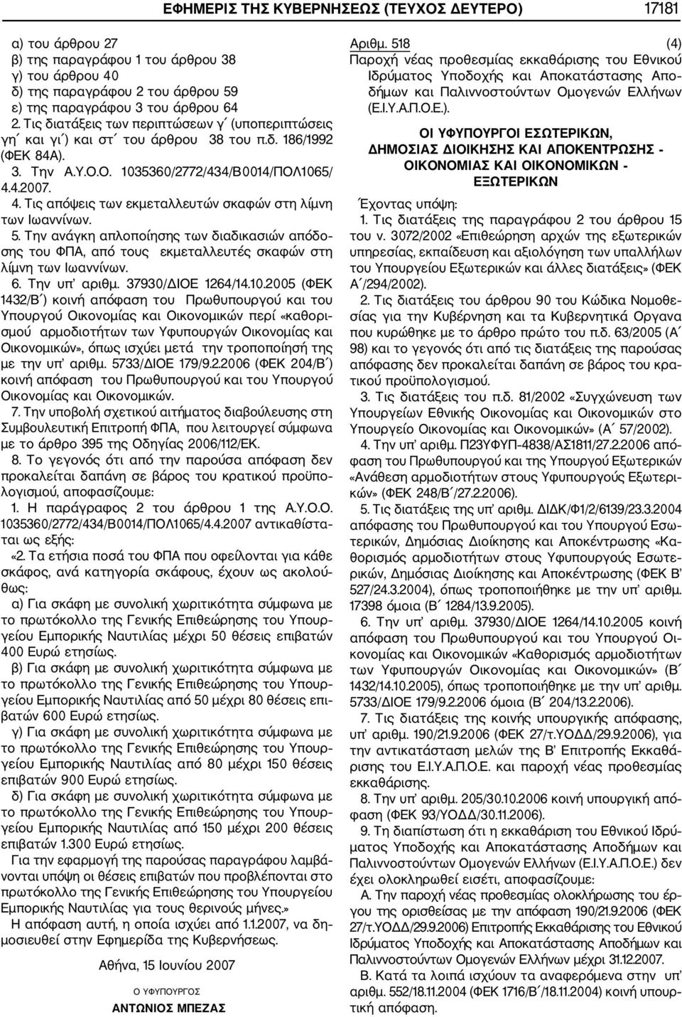 4.2007. 4. Τις απόψεις των εκμεταλλευτών σκαφών στη λίμνη των Ιωαννίνων. 5. Την ανάγκη απλοποίησης των διαδικασιών απόδο σης του ΦΠΑ, από τους εκμεταλλευτές σκαφών στη λίμνη των Ιωαννίνων. 6.