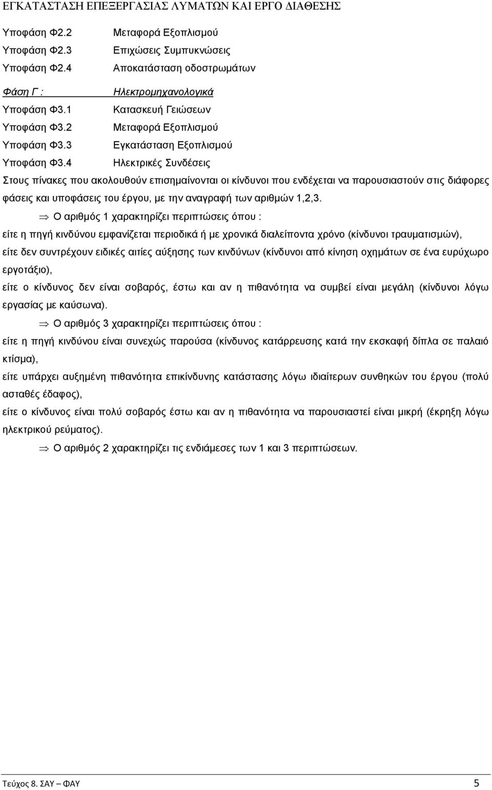 4 Ηλεκτρικές Συνδέσεις Στους πίνακες που ακολουθούν επισημαίνονται οι κίνδυνοι που ενδέχεται να παρουσιαστούν στις διάφορες φάσεις και υποφάσεις του έργου, με την αναγραφή των αριθμών 1,2,3.