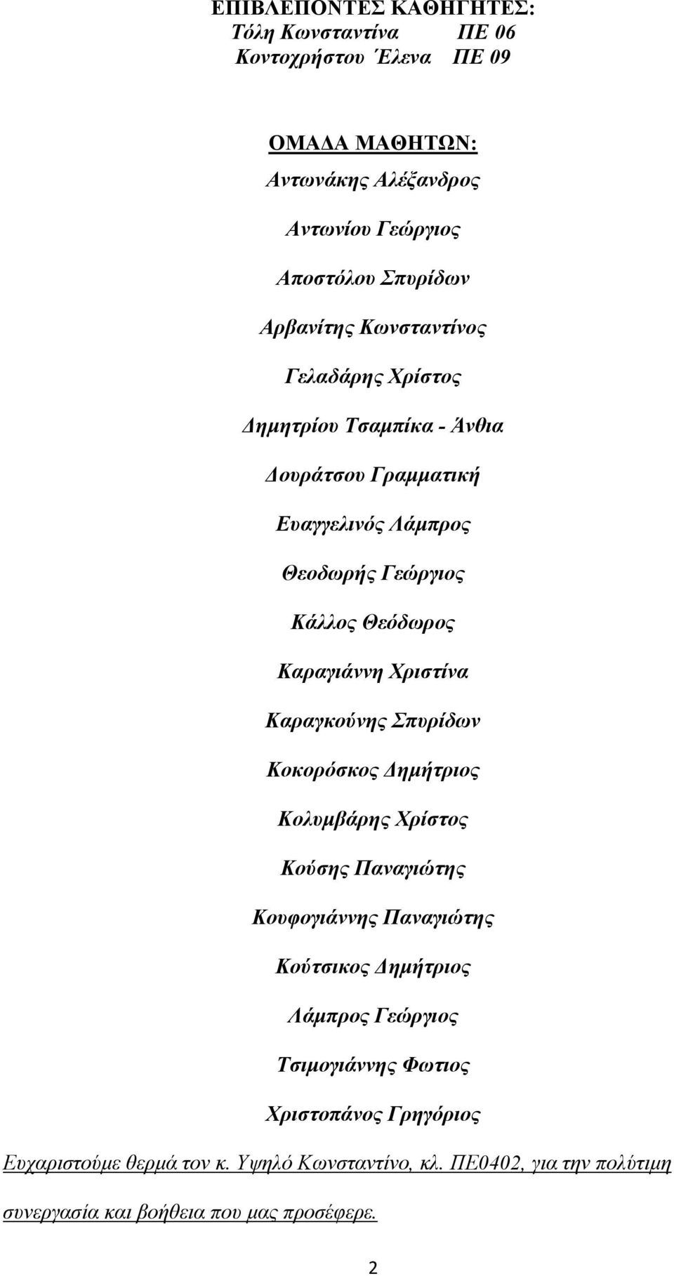 Καραγιάννη Χριστίνα Καραγκούνης Σπυρίδων Κοκορόσκος ηµήτριος Κολυµβάρης Χρίστος Κούσης Παναγιώτης Κουφογιάννης Παναγιώτης Κούτσικος ηµήτριος Λάµπρος