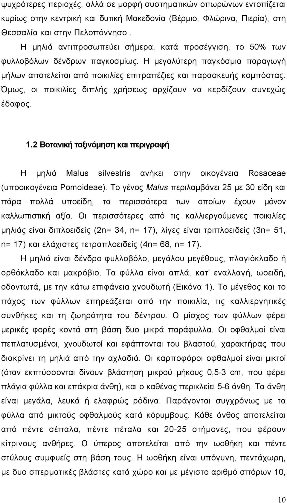 Όμως, οι ποικιλίες διπλής χρήσεως αρχίζουν να κερδίζουν συνεχώς έδαφος. 1.2 Βοτανική ταξινόμηση και περιγραφή Η μηλιά Malus silvestris ανήκει στην οικογένεια Rosaceae (υποοικογένεια Pomoideae).