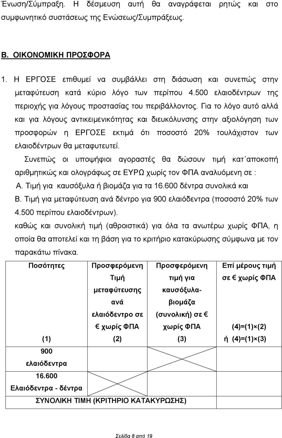 Για το λόγο αυτό αλλά και για λόγους αντικειμενικότητας και διευκόλυνσης στην αξιολόγηση των προσφορών η ΕΡΓΟΣΕ εκτιμά ότι ποσοστό 20% τουλάχιστον των ελαιοδέντρων θα μεταφυτευτεί.