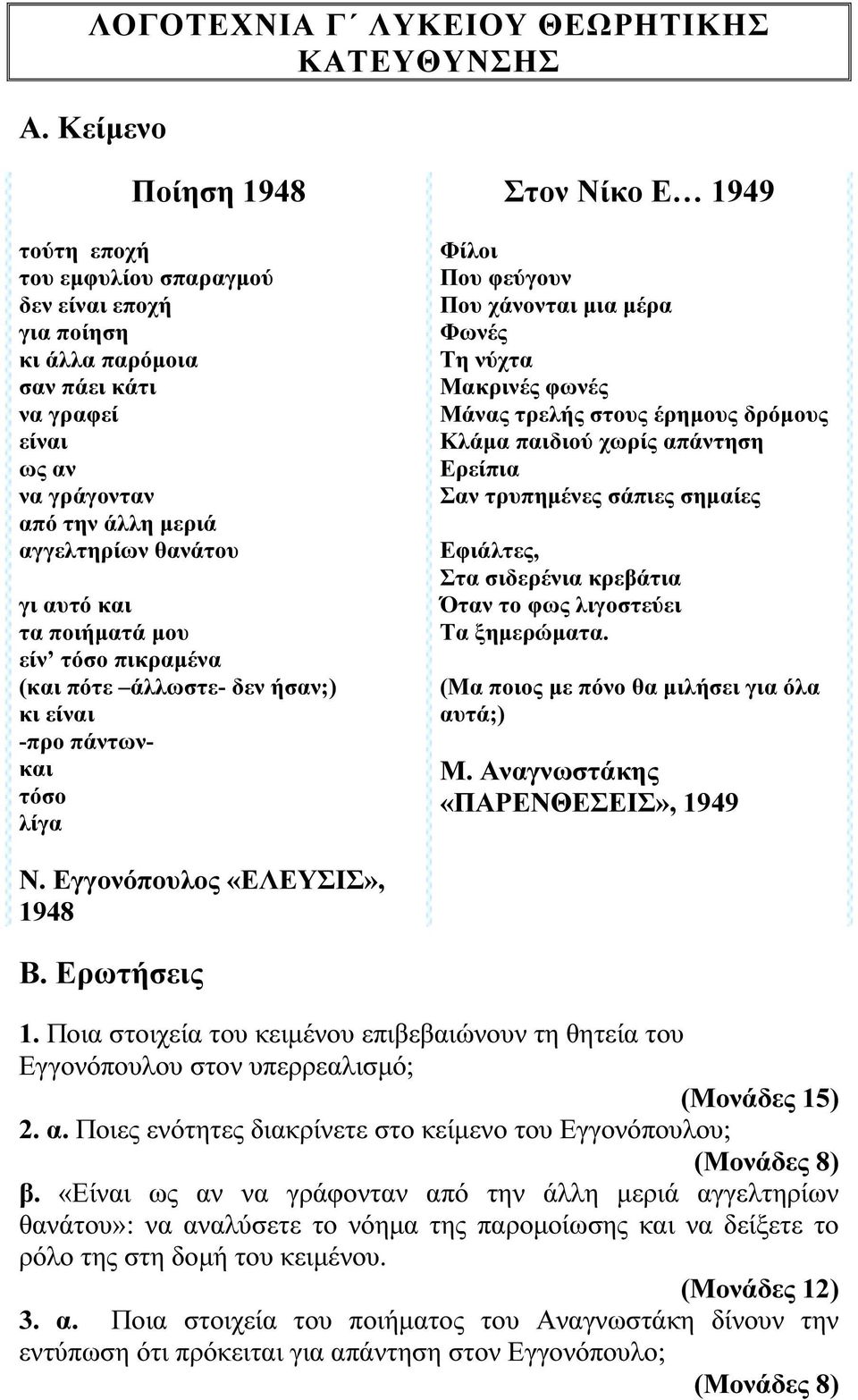 τα ποιήµατά µου είν τόσο πικραµένα (και πότε άλλωστε- δεν ήσαν;) κι είναι -προ πάντωνκαι τόσο λίγα Στον Νίκο Ε 1949 Φίλοι Που φεύγουν Που χάνονται µια µέρα Φωνές Τη νύχτα Μακρινές φωνές Μάνας τρελής