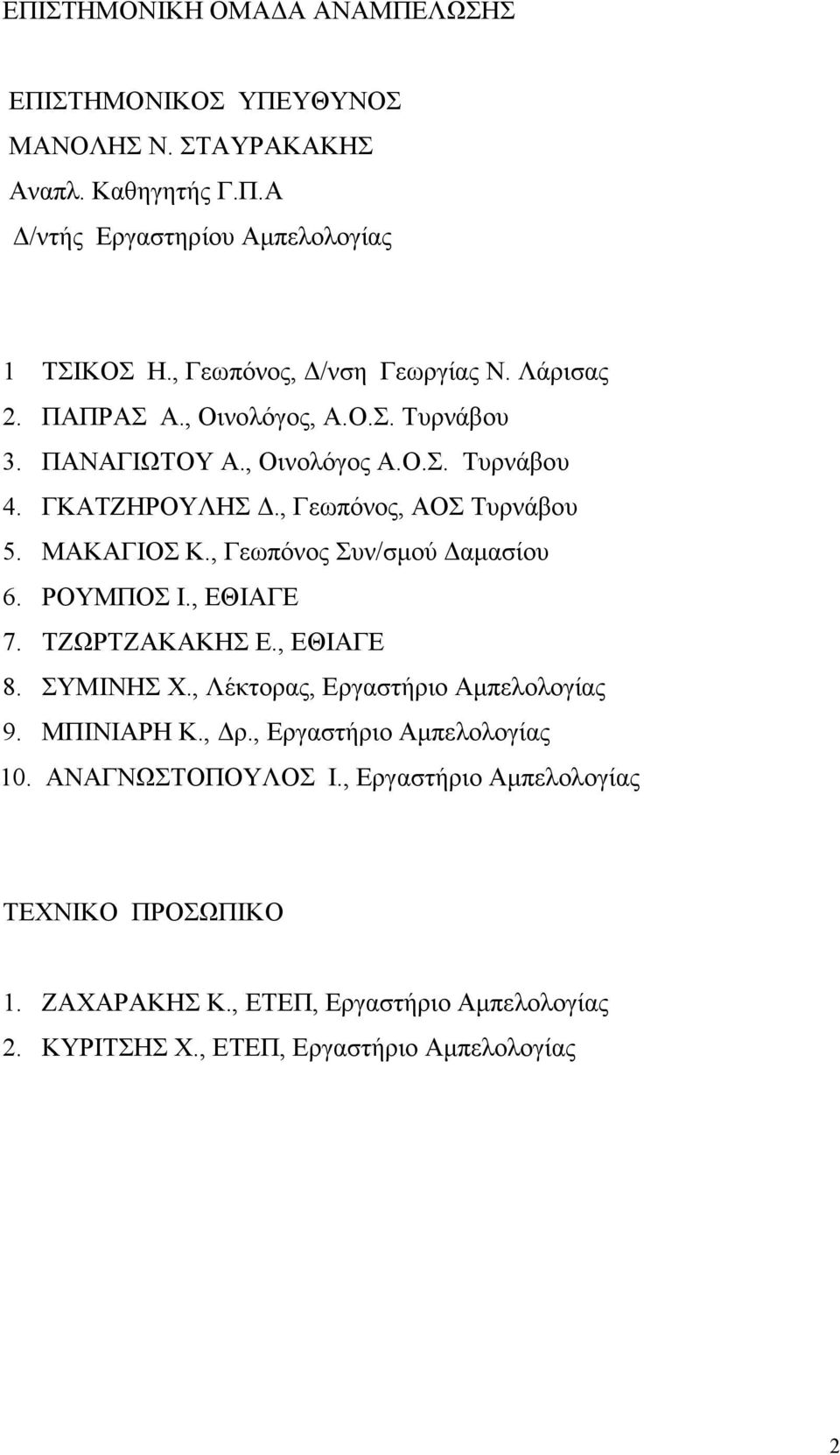 , Γεωπόνος, ΑΟΣ Τυρνάβου 5. ΜΑΚΑΓΙΟΣ Κ., Γεωπόνος Συν/σµού αµασίου 6. ΡΟΥΜΠΟΣ Ι., ΕΘΙΑΓΕ 7. ΤΖΩΡΤΖΑΚΑΚΗΣ Ε., ΕΘΙΑΓΕ 8. ΣΥΜΙΝΗΣ Χ.