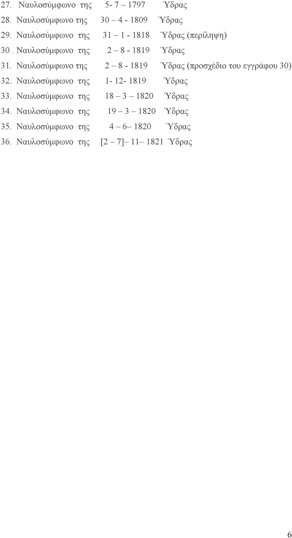 Ναυλοσύμφωνο της 2 8-1819 Ύδρας (προσχέδιο του εγγράφου 30) 32. Ναυλοσύμφωνο της 1-12- 1819 Ύδρας 33.