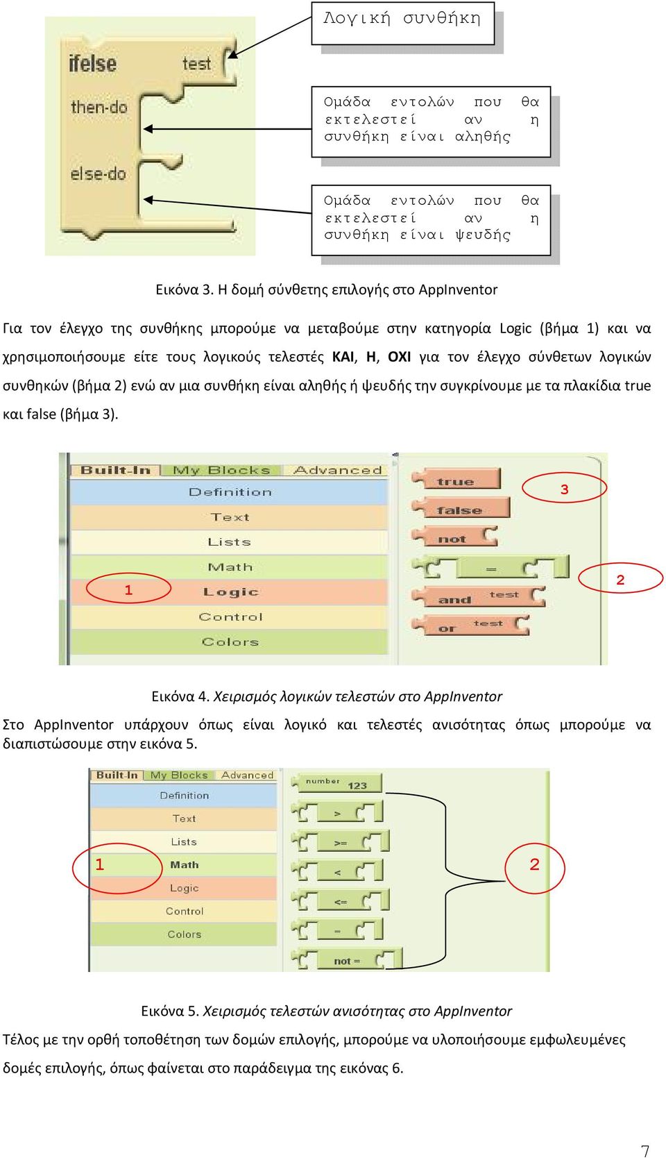 σύνθετων λογικών συνθηκών (βήμα 2) ενώ αν μια συνθήκη είναι αληθής ή ψευδής την συγκρίνουμε με τα πλακίδια true και false (βήμα 3). 3 1 2 Εικόνα 4. Χειρισμός λογικών τελεστών στο AppInventor Εικόνα 4.