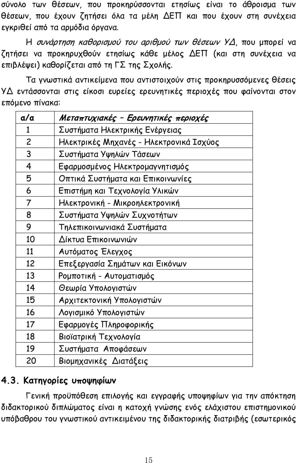 Τα γνωστικά αντικείμενα που αντιστοιχούν στις προκηρυσσόμενες θέσεις ΥΔ εντάσσονται στις είκοσι ευρείες ερευνητικές περιοχές που φαίνονται στον επόμενο πίνακα: α/α Μεταπτυχιακές Ερευνητικές περιοχές