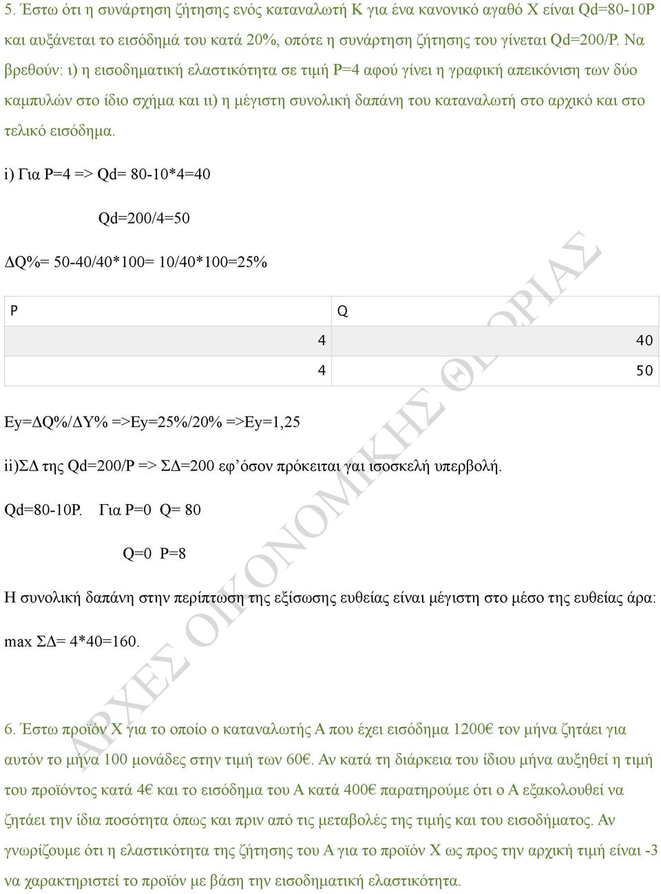 εισόδηµα. i) Για P=4 => d= 80-10*4=40 d=200/4=50 Δ%= 50-40/40*100= 10/40*100=25% P Ey=Δ%/ΔY% =>Ey=25%/20% =>Ey=1,25 ii)σδ της d=200/p => ΣΔ=200 εφ όσον πρόκειται γαι ισοσκελή υπερβολή. d=80-10p.