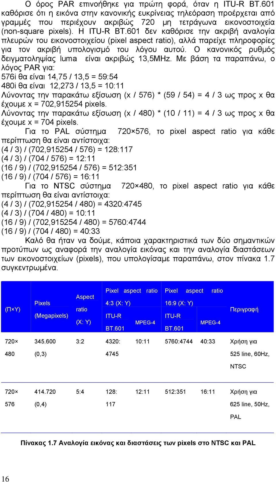 601 δεν καθόρισε την ακριβή αναλογία πλευρών του εικονοστοιχείου (pixel aspect ratio), αλλά παρείχε πληροφορίες για τον ακριβή υπολογισμό του λόγου αυτού.