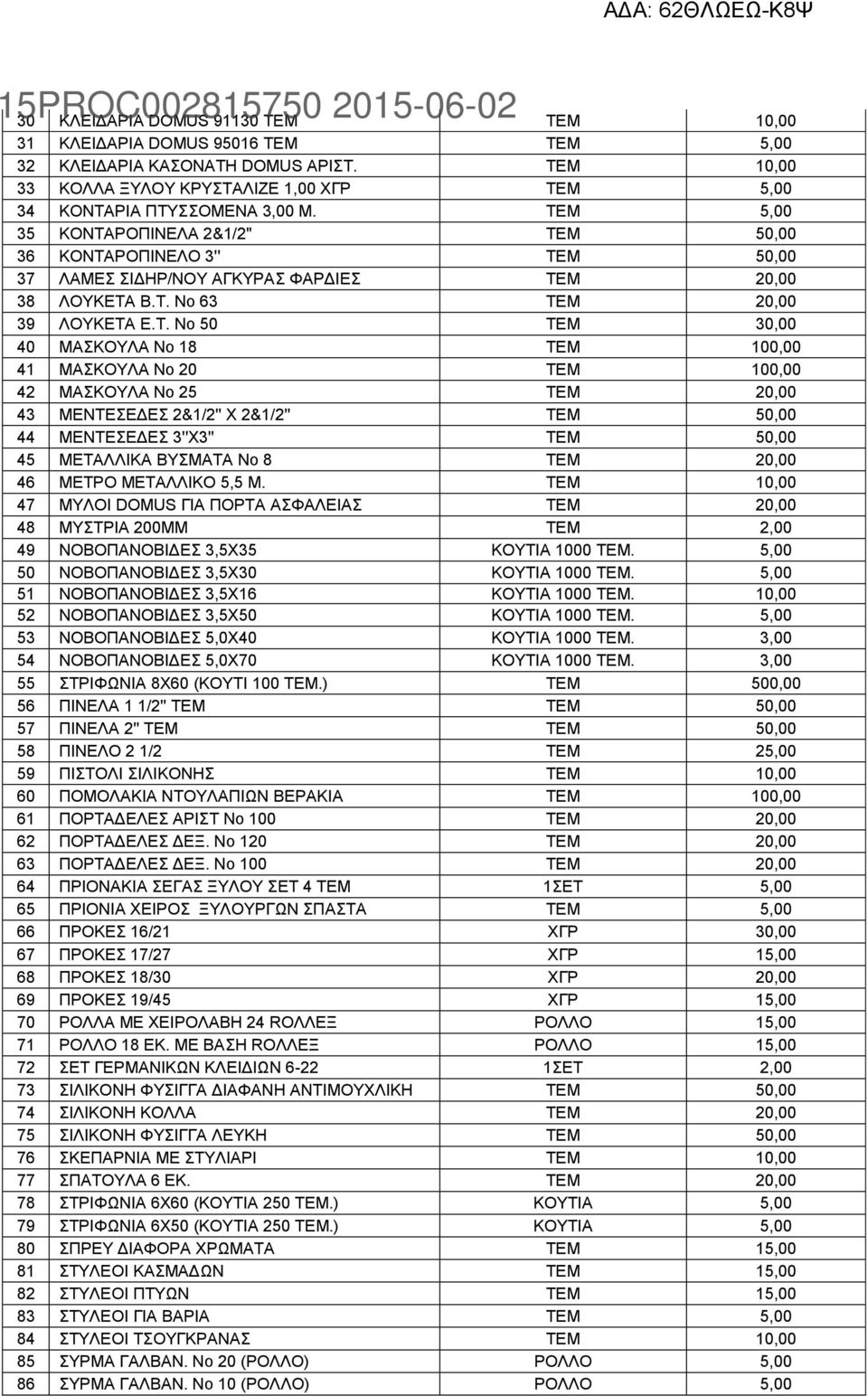 18 41 ΜΑΣΚΟΥΛΑ Νο 20 42 ΜΑΣΚΟΥΛΑ Νο 25 ΤΕΜ 20,00 43 ΜΕΝΤΕΣΕΔΕΣ 2&1/2'' Χ 2&1/2'' ΤΕΜ 50,00 44 ΜΕΝΤΕΣΕΔΕΣ 3''Χ3'' ΤΕΜ 50,00 45 ΜΕΤΑΛΛΙΚΑ ΒΥΣΜΑΤΑ Νο 8 ΤΕΜ 20,00 46 ΜΕΤΡΟ ΜΕΤΑΛΛΙΚΟ 5,5 M.