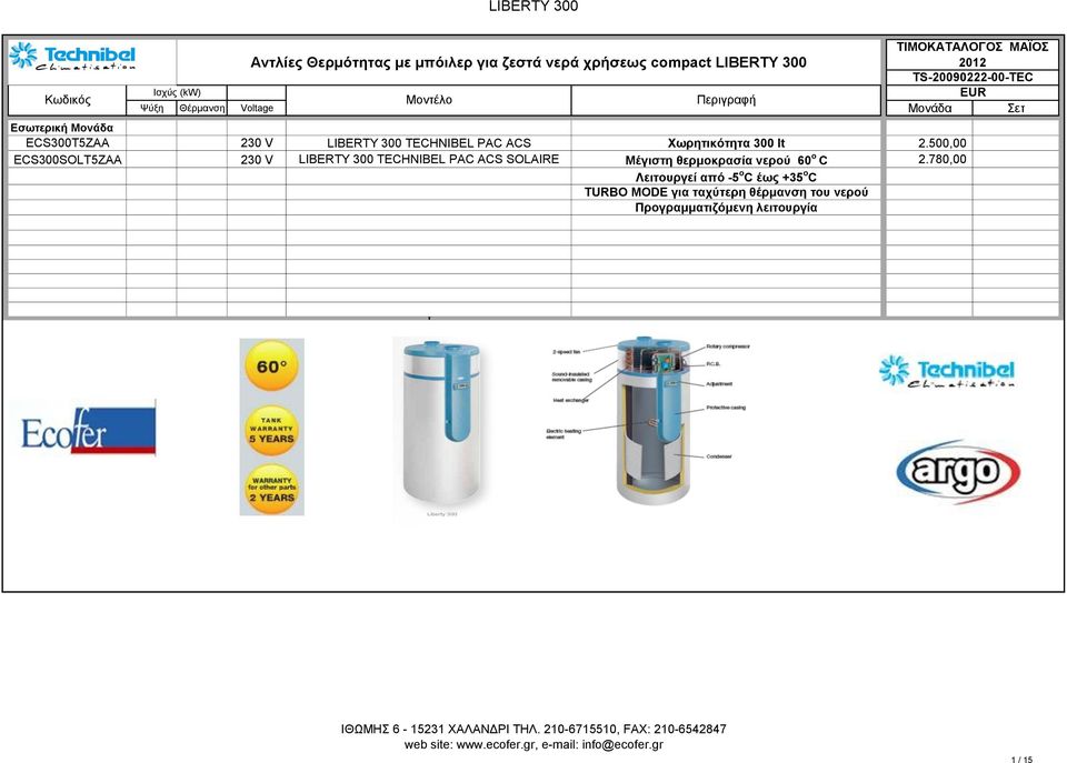 500,00 ECS300SOLT5ZAA 230 V LIBERTY 300 TECHNIBEL PAC ACS SOLAIRE Mέγιστη θερμοκρασία νερού 60 ο C 2.