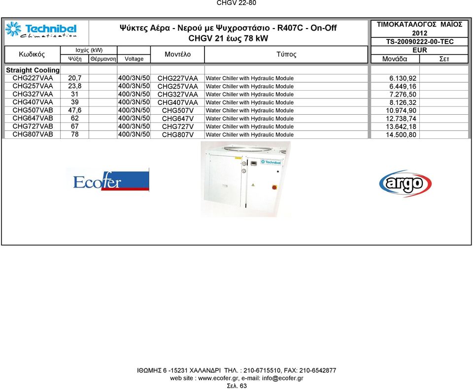 276,50 CHG407VAA 39 400/3N/50 CHG407VAA Water Chiller with Hydraulic Module 8.126,32 CHG507VAB 47,6 400/3N/50 CHG507V Water Chiller with Hydraulic Module 10.