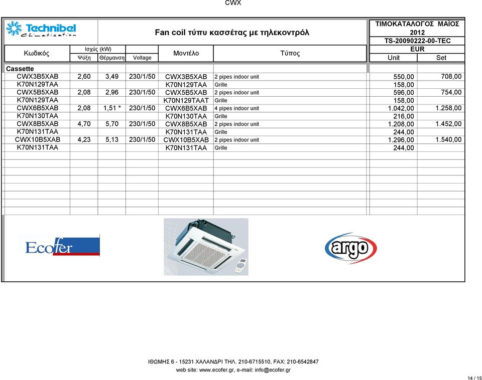 1,51 * 230/1/50 CWX6B5XAB 4 pipes indoor unit 1.042,00 1.258,00 K70N130TAA K70N130TAA Grille 216,00 CWX8B5XAB 4,70 5,70 230/1/50 CWX8B5XAB 2 pipes indoor unit 1.