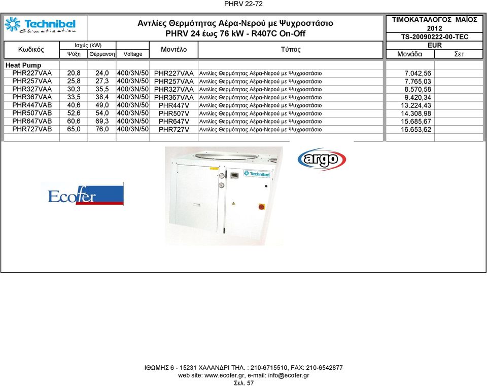 570,58 PHR367VAA 33,5 38,4 400/3N/50 PHR367VAA Αντλίες Θερμότητας Αέρα-Νερού με Ψυχροστάσιο 9.420,34 PHR447VAB 40,6 49,0 400/3N/50 PHR447V Αντλίες Θερμότητας Αέρα-Νερού με Ψυχροστάσιο 13.