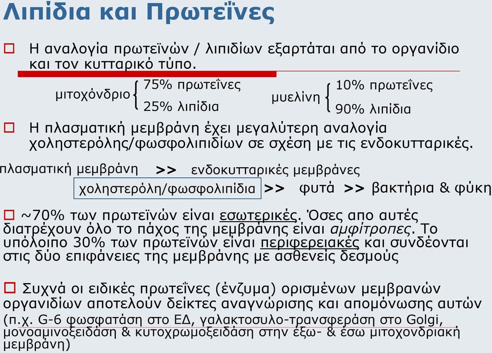 πλασματική μεμβράνη >> χοληστερόλη/φωσφολιπίδια ενδοκυτταρικές μεμβράνες >> φυτά >> βακτήρια & φύκη ~70% των πρωτεϊνών είναι εσωτερικές.