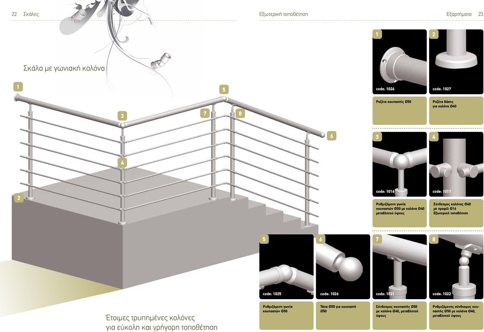 τοποθέτηση 5 6 7 8 code: 1025 code: 1026 code: 1021 code: 1022 Έτοιμες τρυπημένες κολόνες για εύκολη και γρήγορη τοποθέτηση Ρυθμιζόμενη γωνία