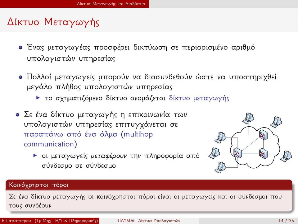 υπολογιστών υπηρεσίας επιτυγχάνεται σε παραπάνω από ένα άλμα (multihop communication) οι μεταγωγείς μεταφέρουν την πληροφορία από σύνδεσμο σε σύνδεσμο Κοινόχρηστοι