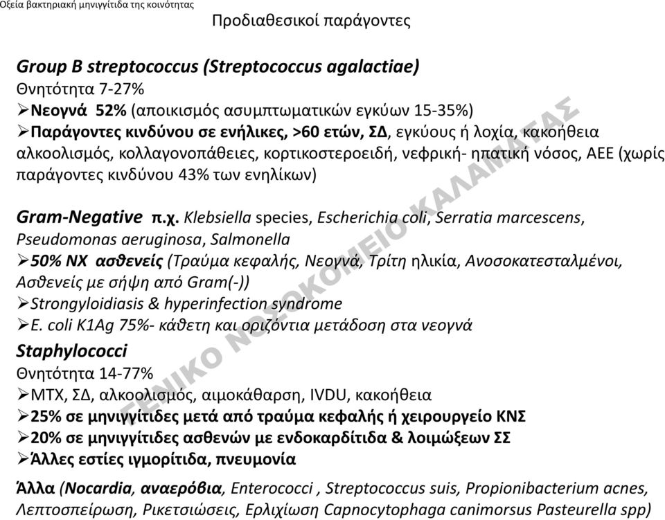 π.χ. Klebsiella species, Escherichia coli, Serratia marcescens, Pseudomonas aeruginosa, Salmonella 50% NX ασθενείς (Τραύμα κεφαλής, Νεογνά, Τρίτη ηλικία, Ανοσοκατεσταλμένοι, Ασθενείς με σήψη από