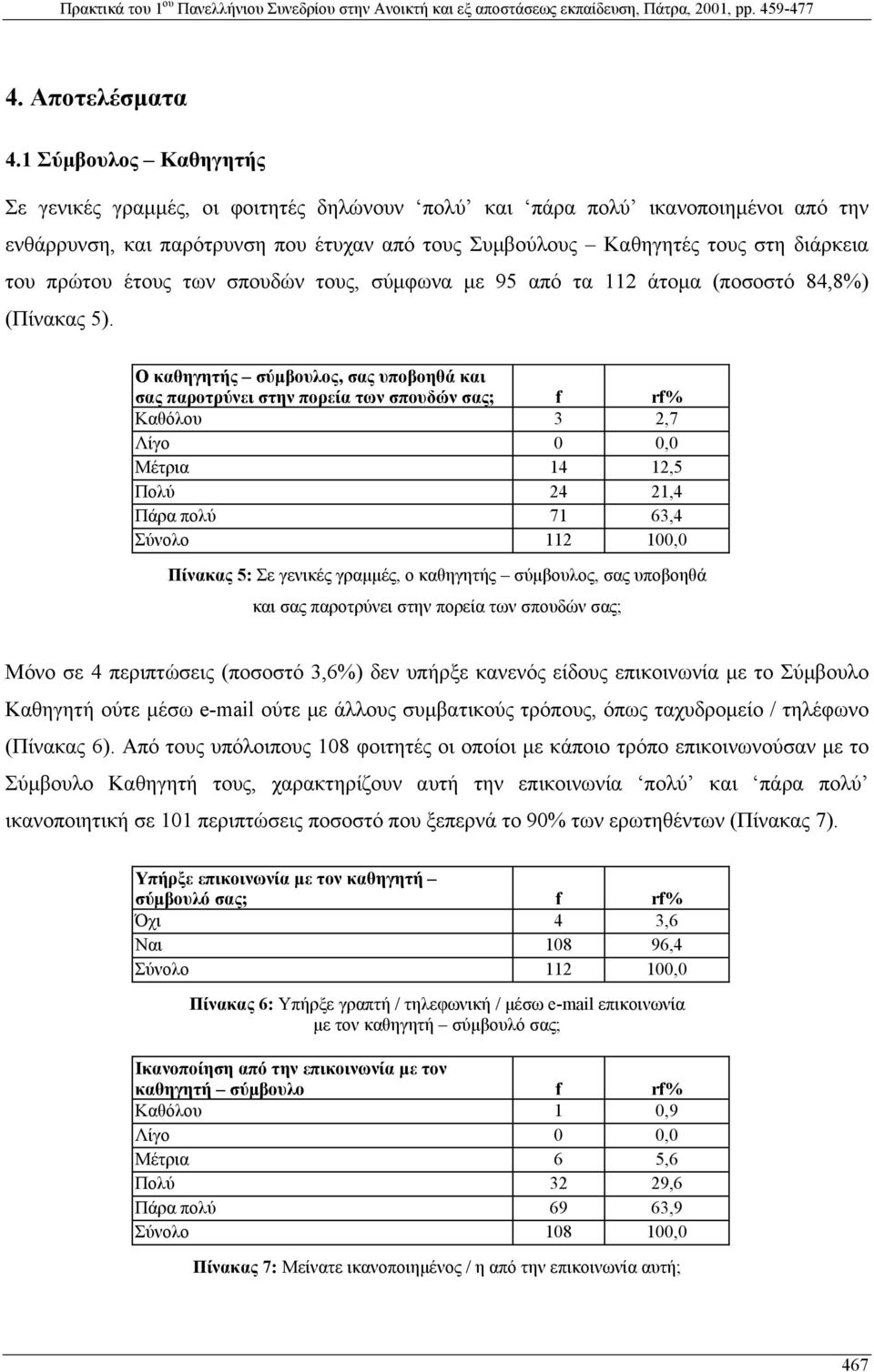 πρώτου έτους των σπουδών τους, σύµφωνα µε 95 από τα 112 άτοµα (ποσοστό 84,8%) (Πίνακας 5).