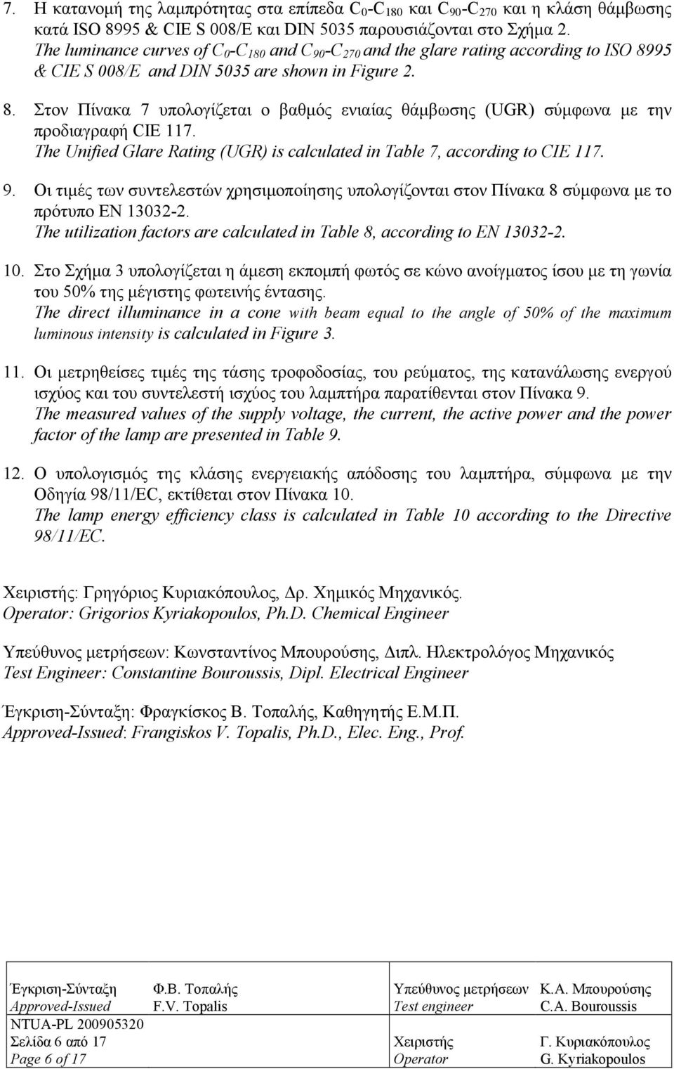 The Unified Glare Rating (UGR) is calculated in Table 7, according to CIE 117. 9. Οι τιμές των συντελεστών χρησιμοποίησης υπολογίζονται στον Πίνακα 8 σύμφωνα με το πρότυπο ΕΝ 13032-2.