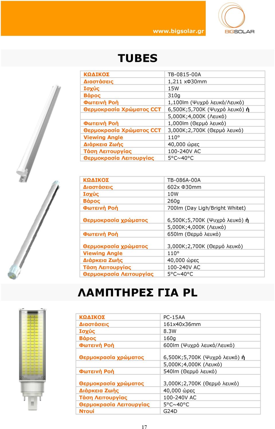 (Θερµό λευκό) Θερµοκρασία χρώµατος Viewing Angle 110 Θερµοκρασία Λειτουργίας ΛΑΜΠΤΗΡΕΣ ΓΙΑ PL PC-15AA 161x40x36mm 8.