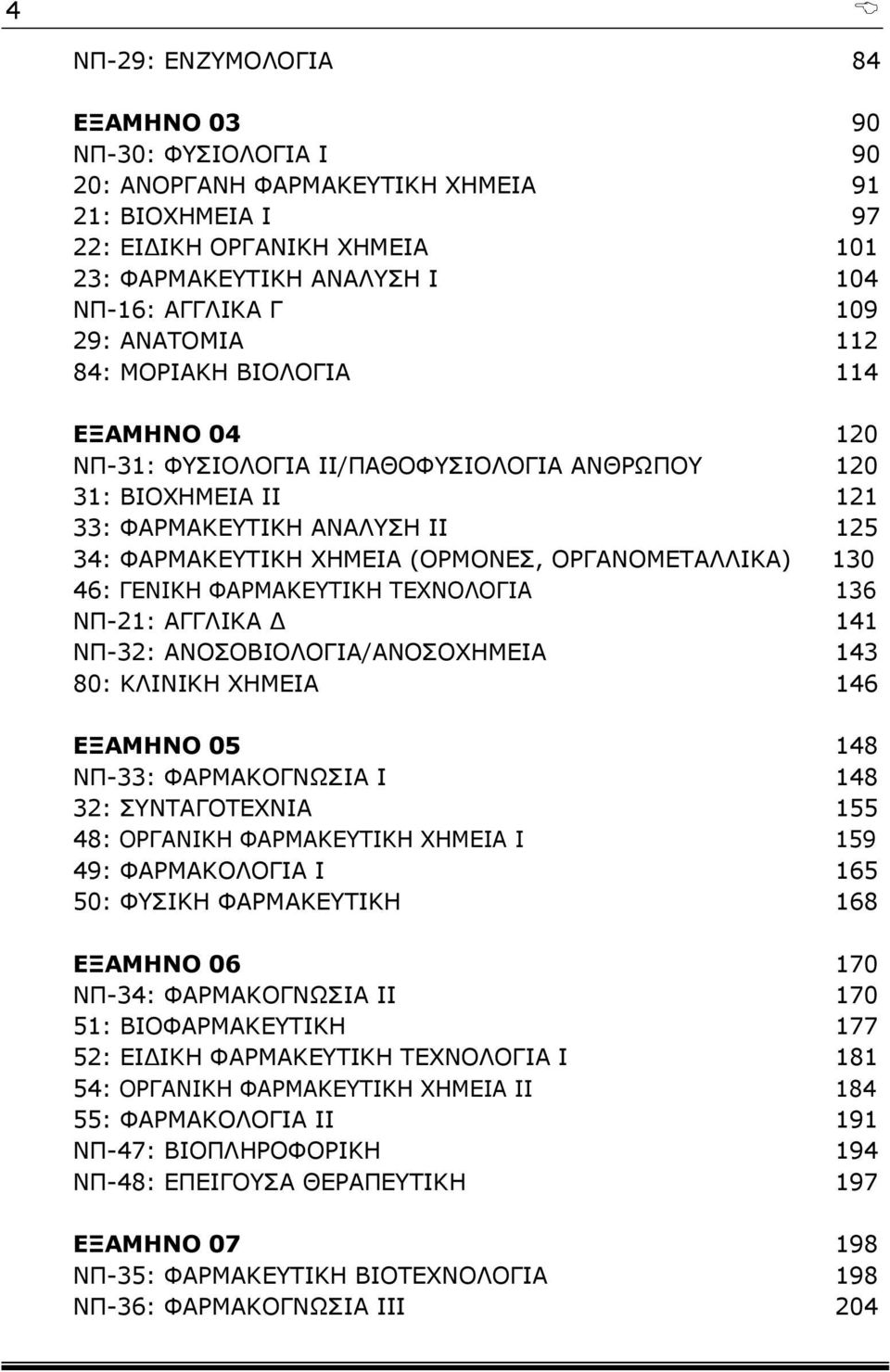 ΟΡΓΑΝΟΜΕΤΑΛΛΙΚΑ) 130 46: ΓΕΝΙΚΗ ΦΑΡΜΑΚΕΥΤΙΚΗ ΤΕΧΝΟΛΟΓΙΑ 136 ΝΠ-21: ΑΓΓΛΙΚΑ Δ 141 ΝΠ-32: ΑΝΟΣΟΒΙΟΛΟΓΙΑ/ΑΝΟΣΟΧΗΜΕΙΑ 143 80: ΚΛΙΝΙΚΗ ΧΗΜΕΙΑ 146 ΕΞΑΜΗΝΟ 05 148 ΝΠ-33: ΦΑΡΜΑΚΟΓΝΩΣΙΑ Ι 148 32: