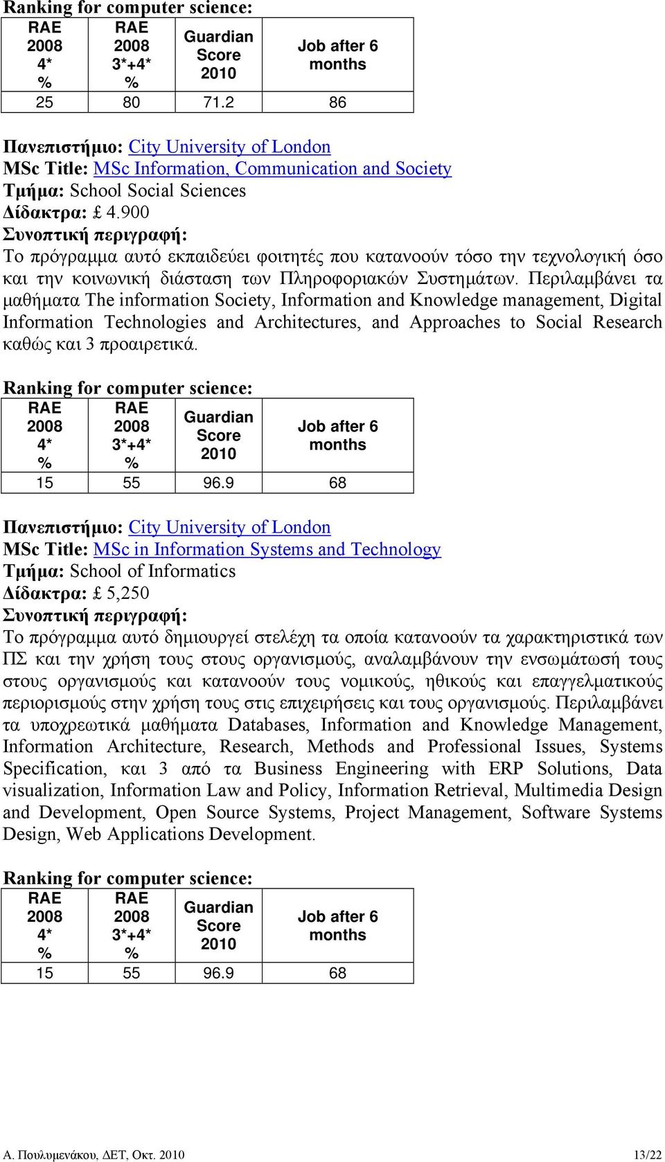 Περιλαµβάνει τα µαθήµατα The information Society, Information and Knowledge management, Digital Information Technologies and Architectures, and Approaches to Social Research καθώς και 3 προαιρετικά.