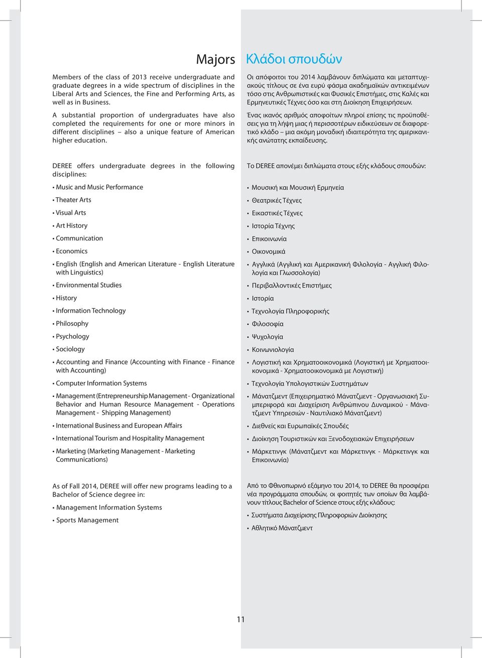 Κλάδοι σπουδών Οι απόφοιτοι του 2014 λαμβάνουν διπλώματα και μεταπτυχιακούς τίτλους σε ένα ευρύ φάσμα ακαδημαϊκών αντικειμένων τόσο στις Ανθρωπιστικές και Φυσικές Επιστήμες, στις Καλές και