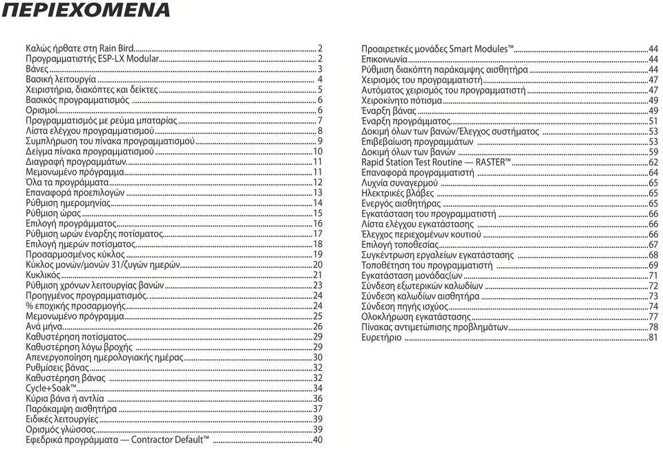 ..11 Μεμονωμένο πρόγραμμα...11 Όλα τα προγράμματα...12 Επαναφορά προεπιλογών...13 Ρύθμιση ημερομηνίας...14 Ρύθμιση ώρας...15 Επιλογή προγράμματος...16 Ρύθμιση ωρών έναρξης ποτίσματος.