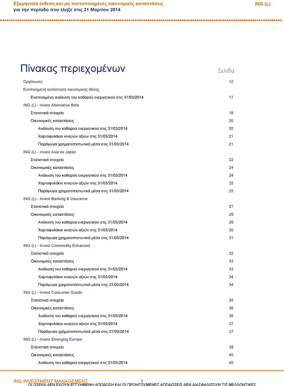 χρηματοπιστωτικά μέσα στις 31/03/2014 21 Invest Asia ex Japan Στατιστικά στοιχεία 22 Οικονομικές καταστάσεις 24 Ανάλυση του καθαρού ενεργητικού στις 31/03/2014 24 Χαρτοφυλάκιο κινητών αξιών στις