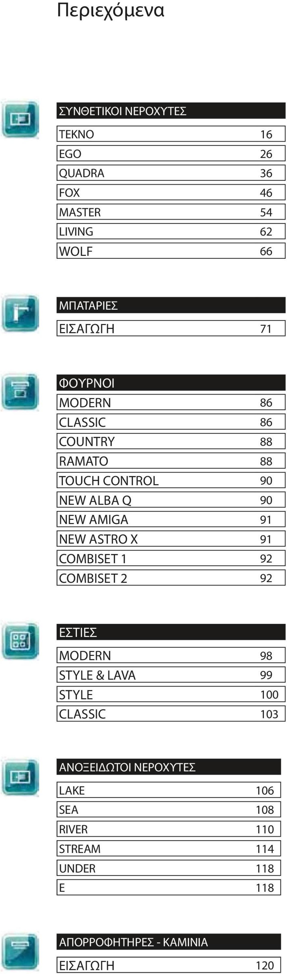 91 NEW ASTRO X 91 COMBISET 1 92 COMBISET 2 92 ΕΣΤΙΕΣ MODERN 98 STYLE & LAVA 99 STYLE 100 CLASSIC 103