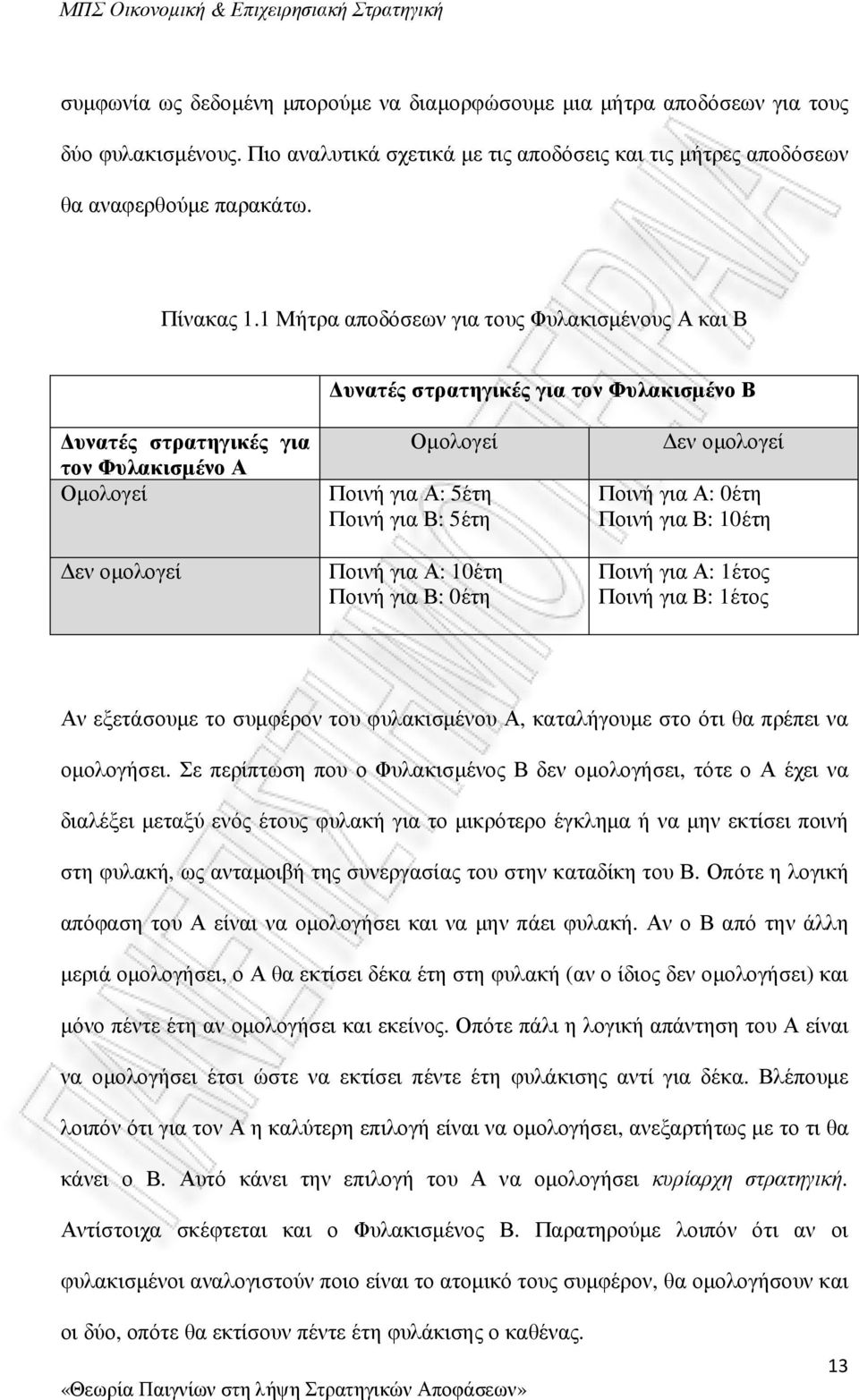 Ποινή για Α: 10έτη Ποινή για Β: 0έτη εν οµολογεί Ποινή για Α: 0έτη Ποινή για Β: 10έτη Ποινή για Α: 1έτος Ποινή για Β: 1έτος Αν εξετάσουµε το συµφέρον του φυλακισµένου Α, καταλήγουµε στο ότι θα πρέπει