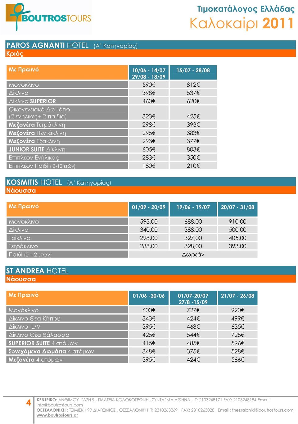 Κατηγορίας) Νάουσσα Με Πρωινό 01/09-20/09 19/06-19/07 20/07-31/08 Μονόκλινο 593,00 688,00 910,00 Δίκλινο 340,00 388,00 500,00 Σρίκλινο 298,00 327,00 405,00 Σετράκλινο 288,00 328,00 393,00 Παιδί (0 2