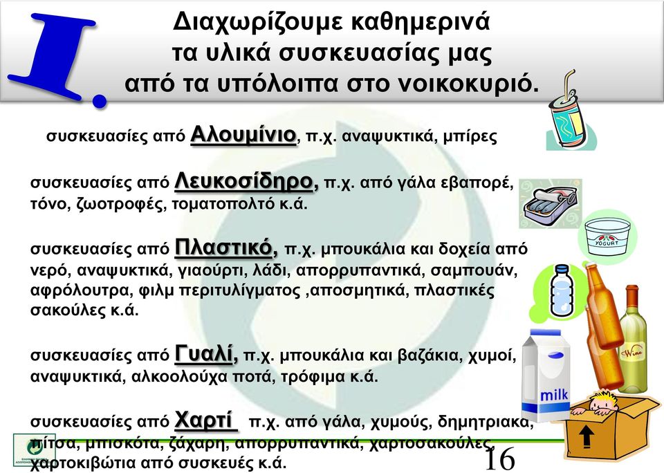 ά. συσκευασίες από Γυαλί, π.χ. μπουκάλια και βαζάκια, χυμοί, αναψυκτικά, αλκοολούχα ποτά, τρόφιμα κ.ά. συσκευασίες από Χαρτί π.χ. από γάλα, χυμούς, δημητριακά, πίτσα, μπισκότα, ζάχαρη, απορρυπαντικά, χαρτοσακούλες, χαρτοκιβώτια από συσκευές κ.