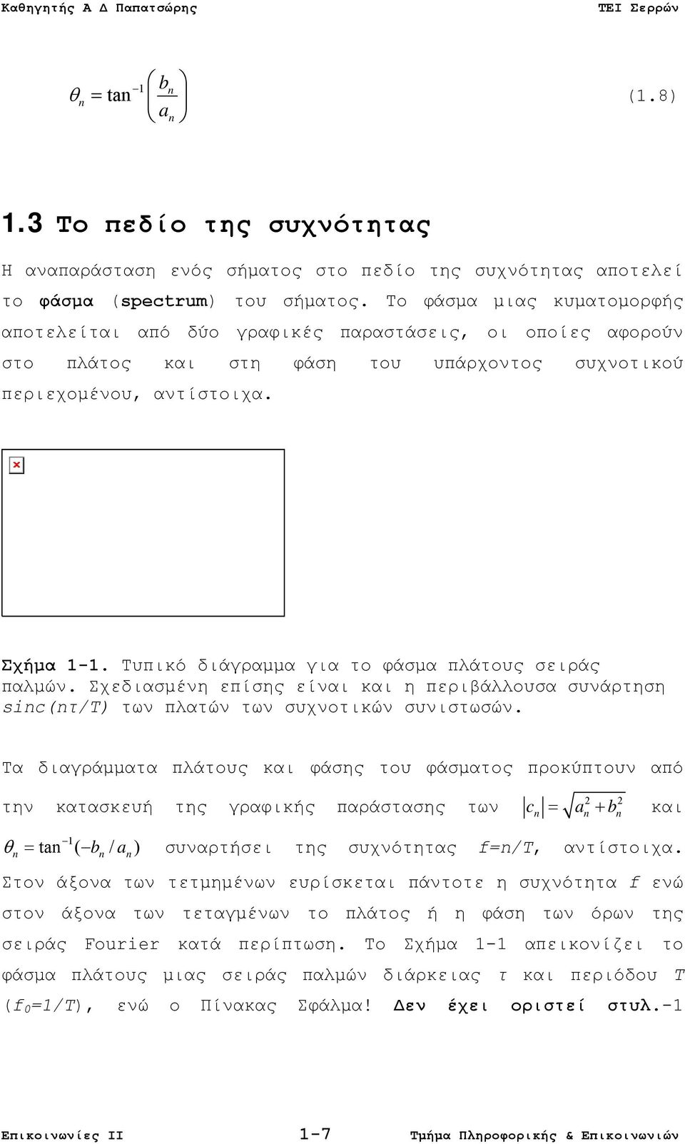 Τυπικό διάγραμμα για το φάσμα πλάτους σειράς παλμών. Σχεδιασμένη επίσης είναι και η περιβάλλουσα συνάρτηση sinc(nτ/τ) των πλατών των συχνοτικών συνιστωσών.