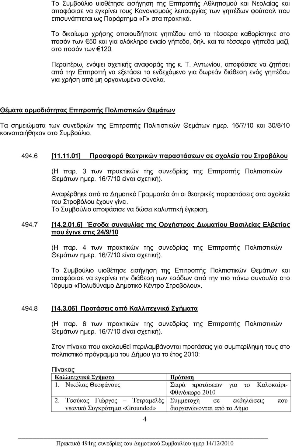 Περαιτέρω, ενόψει σχετικής αναφοράς της κ. Τ. Αντωνίου, αποφάσισε να ζητήσει από την Επιτροπή να εξετάσει το ενδεχόμενο για δωρεάν διάθεση ενός γηπέδου για χρήση από μη οργανωμένα σύνολα.