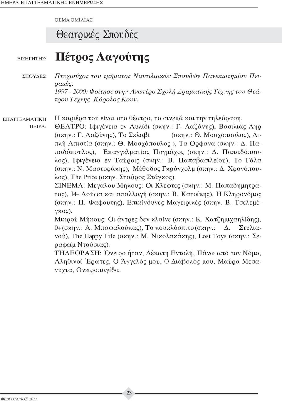 Λαζάνης), Βασιλιάς Ληρ (σκην.: Γ. Λαζάνης), Το Σκλαβί (σκην.: Θ. Μοσχόπουλος), Διπλή Απιστία (σκην.: Θ. Μοσχόπουλος ), Τα Ορφανά (σκην.: Δ. Παπαδόπουλος), Επαγγελματίας Πυγμάχος (σκην.: Δ. Παπαδόπουλος), Ιφιγένεια εν Ταύροις (σκην.