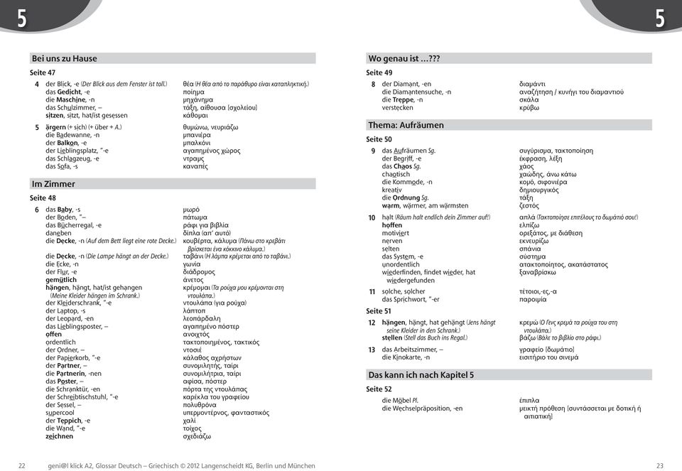 ) θυμώνω, νευριάζω die Badewanne, -n μπανιέρα der Balkon, -e μπαλκόνι der Lieblingsplatz, -e αγαπημένος χώρος das Schlagzeug, -e ντραμς das Sofa, -s καναπές Im Zimmer Seite 48 6 das Baby, -s μωρό der