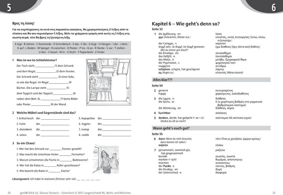 A legt B stehen C Kommode D Schreibtisch E das F die G liegt H hängen I der J dem K auf L Boden M Spiegel N zwischen O Poster P ins Q an R Decke S vor T stellen U den V Sessel W in X Stuhl Y