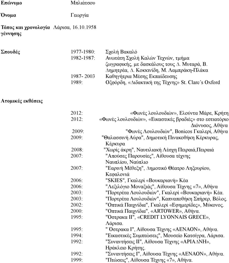 Clare s Oxford Ατοµικές εκθέσεις 2012: «Φωνές λουλουδιών», Ελούντα Μάρε, Κρήτη 2012: «Φωνές λουλουδιών», «Εικαστικές βραδιές» στο εστιατόριο Διόνυσος, "Φωνές Λουλουδιών", Bonicos Γκαλερί, "Θαλασσινή