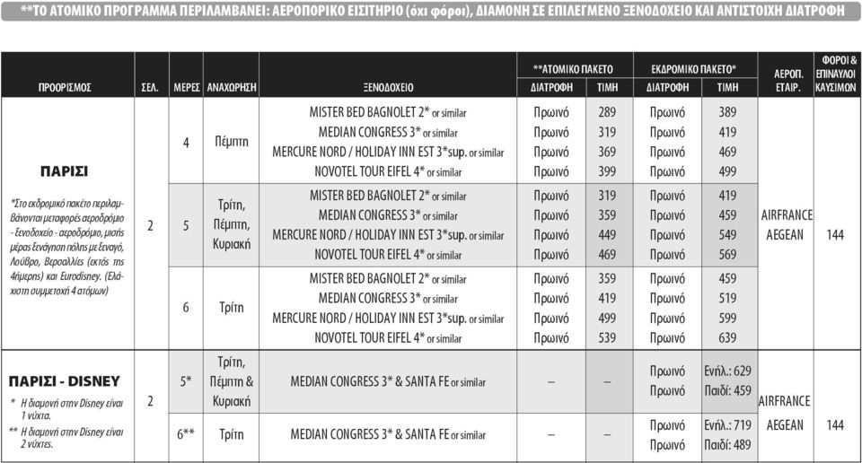 ΚΑΥΣΙΜΩΝ MISTER BED BAGNOLET 2* or similar Πρωινό 289 Πρωινό 389 MEDIAN CONGRESS 3* or similar Πρωινό 319 Πρωινό 19 Πέμπτη MERCURE NORD / HOLIDAY INN EST 3*sup.
