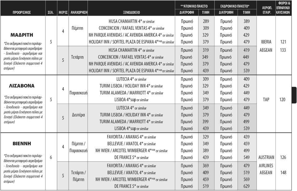 329 Πρωινό 29 HUSA CHAMARTIN * or similar Πρωινό 319 Πρωινό 19 AEGEAN 133 HOLIDAY INN / SOFITEL PLAZA DE ESPANA * sup or similar Πρωινό 379 Πρωινό 79 IBERIA 121 Τετάρτη CONCENCION / RAFAEL VENTAS *