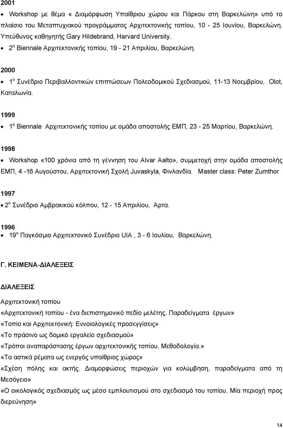 2000 1 ν πλέδξην Πεξηβαιινληηθώλ επηπηώζεσλ Πνιενδνκηθνύ ρεδηαζκνύ, 11-13 Ννεκβξίνπ, Olot, Καηαισλία. 1999 1 ε Biennale Αξρηηεθηνληθήο ηνπίνπ κε νκάδα απνζηνιήο ΔΜΠ, 23-25 Μαξηίνπ, Βαξθειώλε.