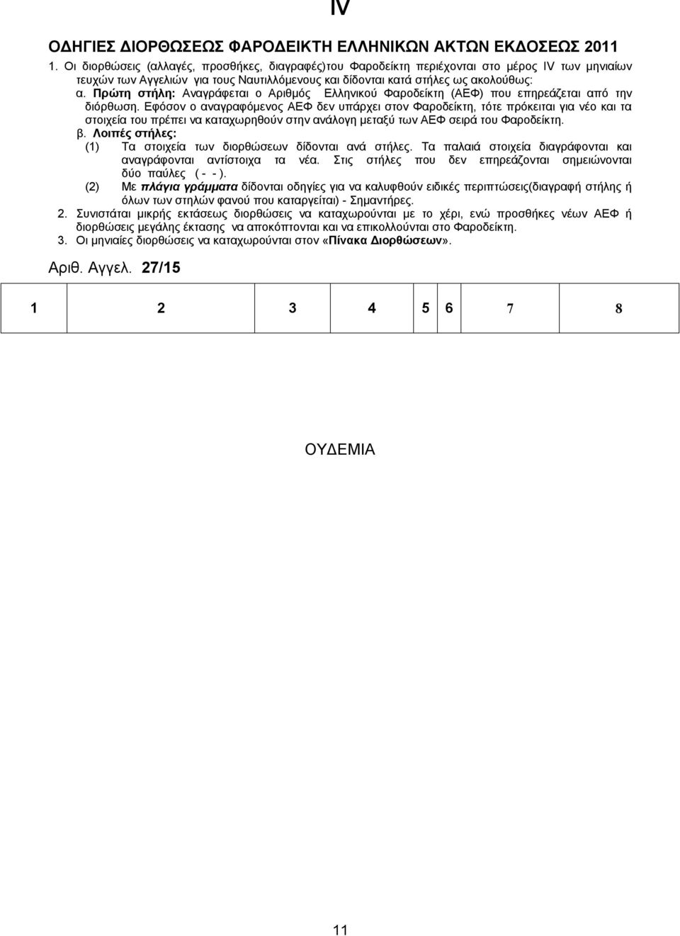 Πρώτη στήλη: Αναγράφεται ο Αριθμός Ελληνικού Φαροδείκτη (ΑΕΦ) που επηρεάζεται από την διόρθωση.