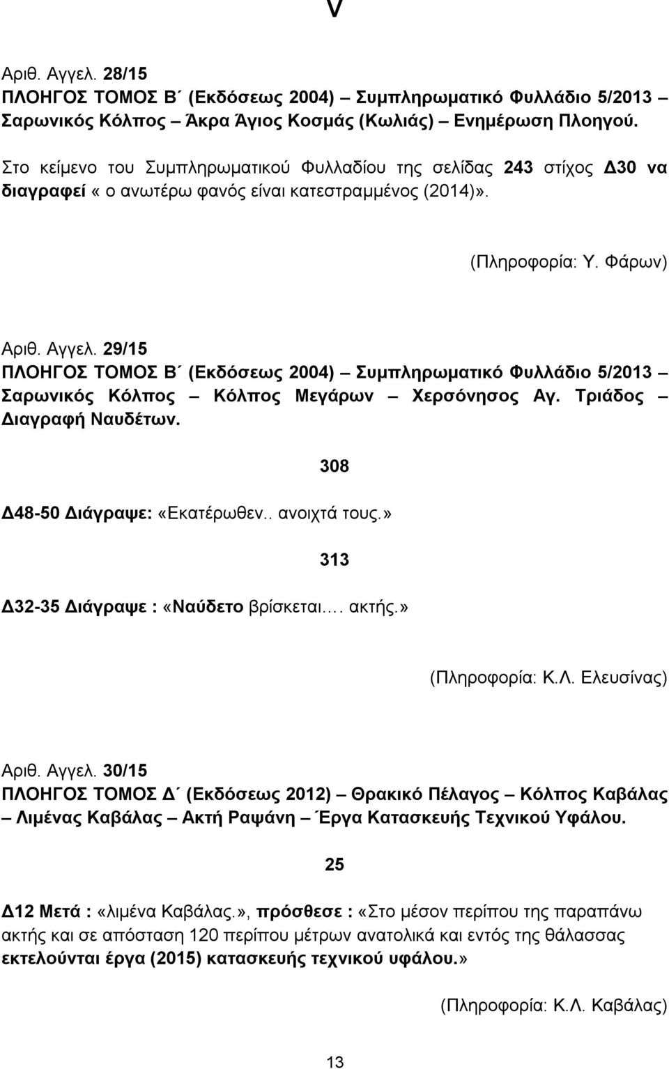 29/15 ΠΛΟΗΓΟΣ ΤΟΜΟΣ Β (Εκδόσεως 2004) Συμπληρωματικό Φυλλάδιο 5/2013 Σαρωνικός Κόλπος Κόλπος Μεγάρων Χερσόνησος Αγ. Τριάδος Διαγραφή Ναυδέτων. 308 Δ48-50 Διάγραψε: «Εκατέρωθεν.. ανοιχτά τους.