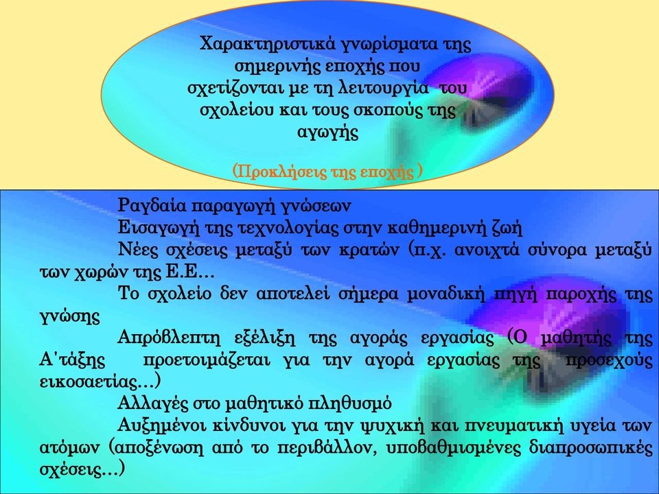 Ε Το σχολείο δεν αποτελεί σήμερα μοναδική πηγή παροχής της γνώσης Απρόβλεπτη εξέλιξη της αγοράς εργασίας (Ο μαθητής της Α τάξης προετοιμάζεται για την αγορά